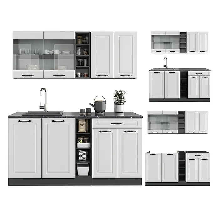 Vicco Singleküche R-Line Weiß Landhaus/Anthrazit, AP Eiche - Breite: 160 cm, Weiß Landhaus, Mit AP Eiche - Weißes modulares Küchenschrank-Set mit schwarzen Arbeitsplatten und Griffen, Ober- und Unterschränken, Glastüren, offenen Regalen.