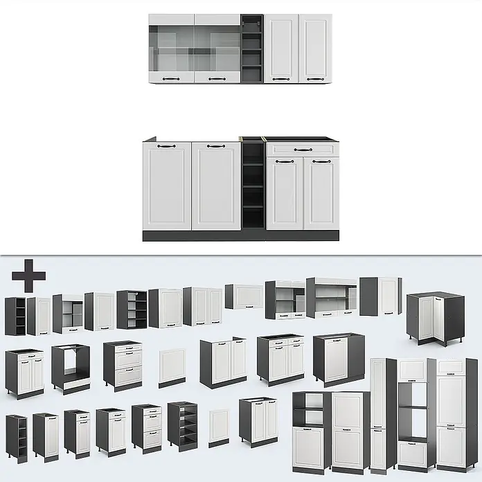 Vicco Singleküche R-Line Weiß Landhaus/Anthrazit, AP Eiche - Breite: 160 cm, Weiß Landhaus, Mit AP Eiche - Modulares Küchenschranksystem in Weiß und Dunkelgrau, bestehend aus Unter-, Ober- und Hochschränken.