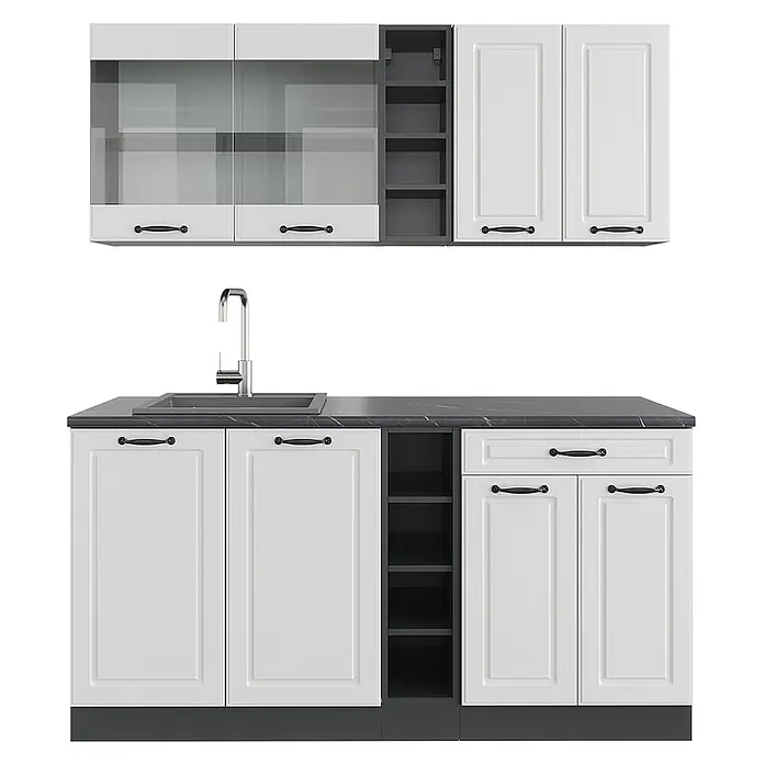 Vicco Singleküche R-Line Weiß Landhaus/Anthrazit, AP Anthrazit - Breite: 160 cm, Weiß Landhaus, Mit AP Anthrazit - Weißes Küchenschrank-Set mit dunklen Griffen, schwarzer Marmor-Arbeitsplatte, Spüle und offenen Regalen.
