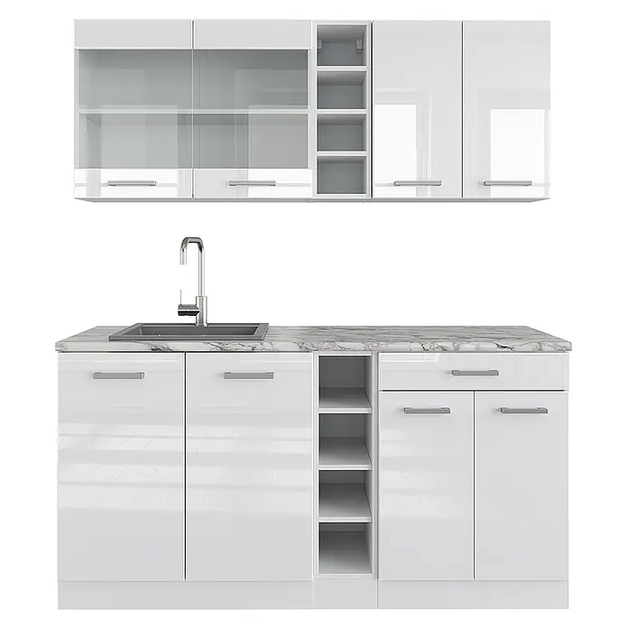 Vicco Singleküche R-Line Weiß Hochglanz/Weiß, AP Marmor - Breite: 160 cm, Weiß Hochglanz, Mit AP Marmor - Weiße Hochglanz-Küchenzeile mit Marmor-Arbeitsplatte, Spüle und verschiedenen Schränken, Vitrinen und offenen Regalen.