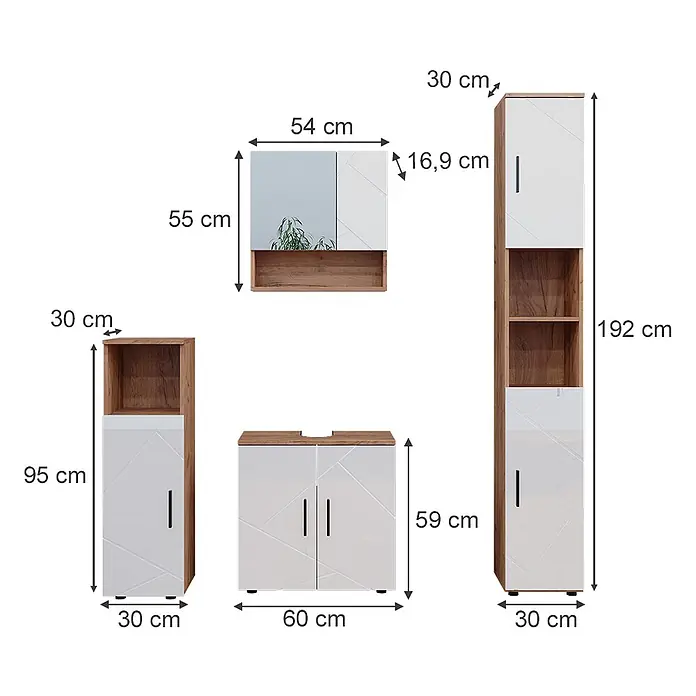 Vicco Badmöbel-Set Irma Weiß Hochglanz/Goldkraft Eiche 4 Teile, mit Hochschrank - Gesamtbreite Badmöbel: 120 cm, Weiß Hochglanz, Glänzend - Set aus Badmöbeln in Holzoptik und Weiß, bestehend aus Hochschrank, Unterschrank, Waschtischunterschrank und Spiegelschrank.