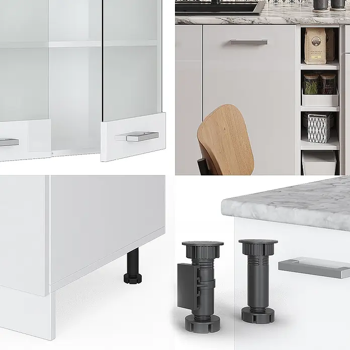 Vicco Singleküche R-Line Weiß Hochglanz/Weiß, AP Anthrazit - Breite: 160 cm, Weiß Hochglanz, Mit AP Anthrazit - Weißes Küchenschranksystem mit Hochglanzfronten, verstellbaren Füßen und Marmor-Arbeitsplatte. Enthält Hängeschränke mit Glastüren und diverse Aufbewahrung.