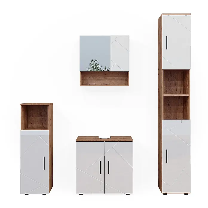 Vicco Badmöbel-Set Irma Weiß Hochglanz/Goldkraft Eiche 4 Teile, mit Hochschrank - Gesamtbreite Badmöbel: 120 cm, Weiß Hochglanz, Glänzend - Badmöbel-Set in Weiß und Holzoptik mit geometrisch gemusterten Fronten, bestehend aus Spiegelschrank, Waschtischunterschrank und zwei Hochschränken.