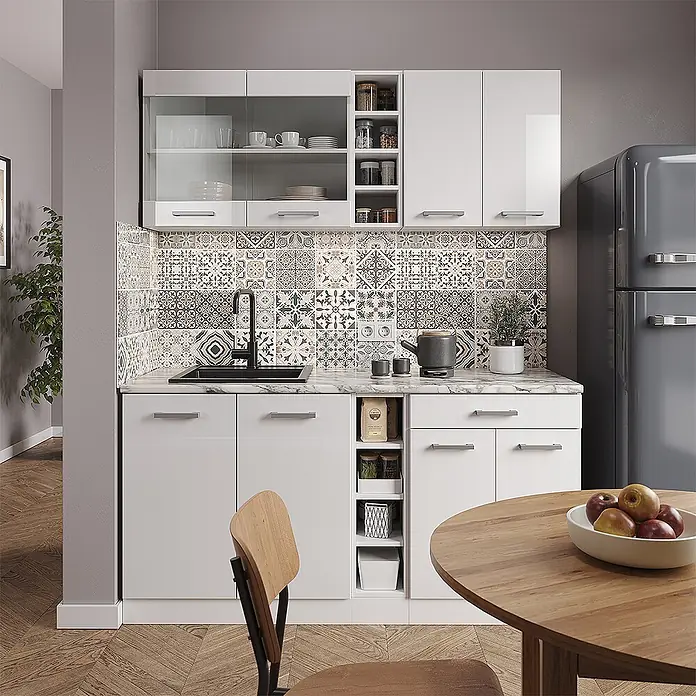 Vicco Singleküche R-Line Weiß Hochglanz/Weiß, AP Anthrazit - Breite: 160 cm, Weiß Hochglanz, Mit AP Anthrazit - Weiße Hochglanz-Küchenzeile mit Vitrinen, offenen Regalen und Arbeitsplatte in Marmoroptik.