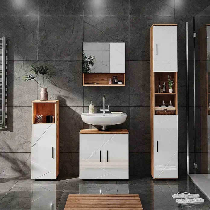 Vicco Badmöbel-Set Irma Weiß Hochglanz/Goldkraft Eiche 4 Teile, mit Hochschrank - Gesamtbreite Badmöbel: 120 cm, Weiß Hochglanz, Glänzend - Modernes Badezimmermöbel-Set aus hellem Holz und glänzendem Weiß mit geometrischen Details, inklusive Waschtisch, Spiegelschrank und Hochschränken.
