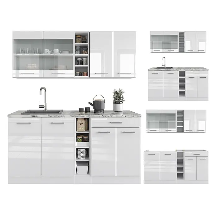 Vicco Singleküche R-Line Weiß Hochglanz/Weiß, AP Anthrazit - Breite: 160 cm, Weiß Hochglanz, Mit AP Anthrazit - Weißes Hochglanz-Modulküchenset mit Arbeitsplatten in Marmoroptik, Oberschränken mit Glas- und Volltüren, offenen Regalen und Unterschränken mit Spüle.