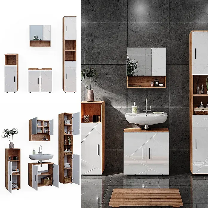 Vicco Badmöbel-Set Irma Weiß Hochglanz/Goldkraft Eiche 4 Teile, mit Hochschrank - Gesamtbreite Badmöbel: 120 cm, Weiß Hochglanz, Glänzend - Weißes Hochglanz Badmöbel-Set mit Holzplatten und offenen Regalen, inklusive Waschtisch, Spiegelschrank und hohen Schränken.