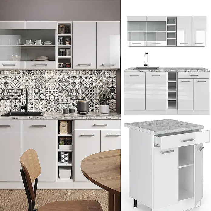 Vicco Singleküche R-Line Weiß Hochglanz/Weiß, AP Anthrazit - Breite: 160 cm, Weiß Hochglanz, Mit AP Anthrazit - Weißes Hochglanz-Modulküchenset mit Marmor-Arbeitsplatten & silbernen Griffen, inkl. Schränken, Regalen und Spüle.