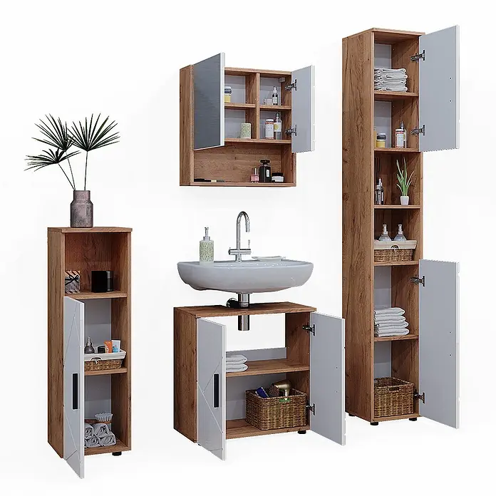 Vicco Badmöbel-Set Irma Weiß Hochglanz/Goldkraft Eiche 4 Teile, mit Hochschrank - Gesamtbreite Badmöbel: 120 cm, Weiß Hochglanz, Glänzend - Badezimmermöbel-Set: Holzoptik-Schränke mit weißen Türen zur Aufbewahrung, inklusive Wand-, Waschbecken- und Hochschrank.