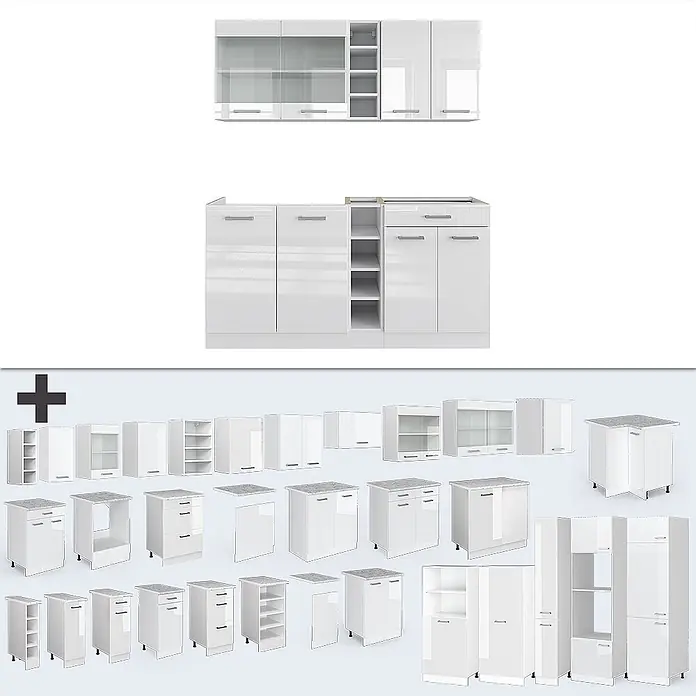 Vicco Singleküche R-Line Weiß Hochglanz/Weiß, AP Anthrazit - Breite: 160 cm, Weiß Hochglanz, Mit AP Anthrazit - Modulares weißes Hochglanz-Küchenschranksystem mit verschiedenen Wand-, Unter- und Hochschränken und silbernen Griffen.