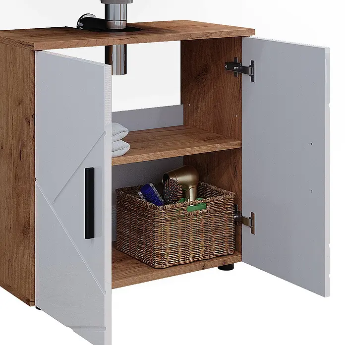 Vicco Badmöbel-Set Irma Weiß Hochglanz/Goldkraft Eiche 4 Teile, mit Hochschrank - Gesamtbreite Badmöbel: 120 cm, Weiß Hochglanz, Glänzend - Holzoptik-Waschbeckenunterschrank mit offenen weißen Türen, bietet Stauraum für Handtücher, Föhn und Bürsten.