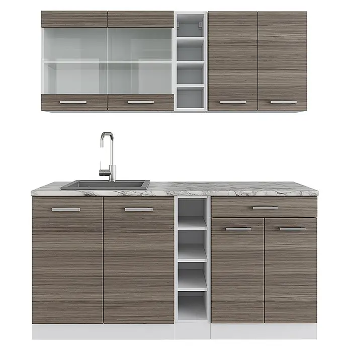 Vicco Singleküche R-Line Edelgrau/Weiß, AP Marmor - Breite: 160 cm, Edelgrau, Mit AP Marmor - Moderne Küchenschrankkombination in Holzmaserung Grau, mit weißen offenen Regalen, Marmoroptik-Arbeitsplatte und Spüle.