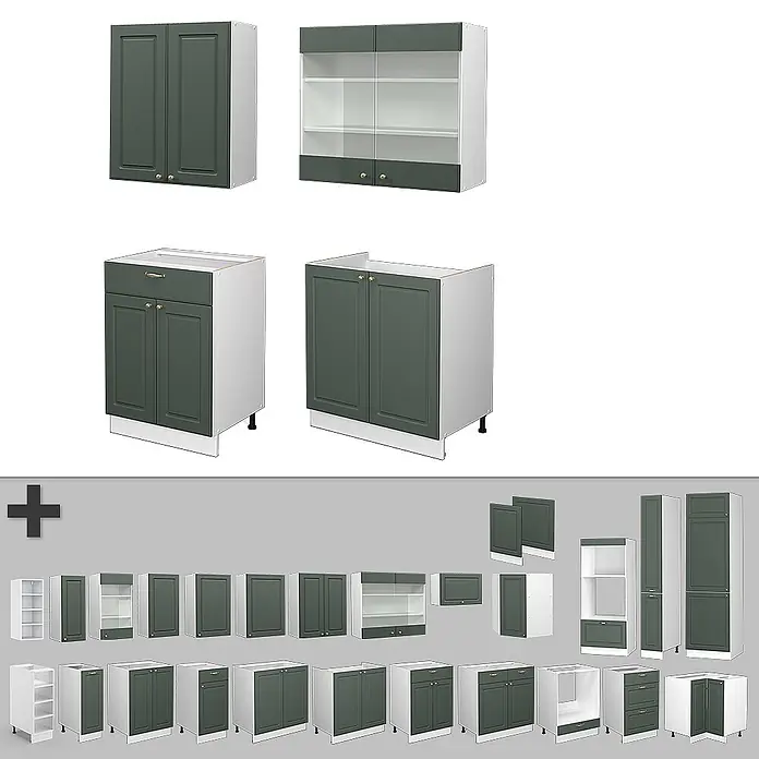 Vicco Singleküche Fame-Line Grün-Gold Landhaus/Weiß ohne Arbeitsplatte - Grün-Gold Landhaus, Ohne AP - Dunkelgrüne modulare Küchenschränke, darunter Wand- und Unterschränke mit Türen, Schubladen und Glasfronten.