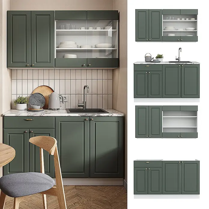 Vicco Singleküche Fame-Line Grün-Gold Landhaus/Weiß ohne Arbeitsplatte - Grün-Gold Landhaus, Ohne AP - Dunkelgrünes Küchenschränke-Set mit goldenen Griffen, Marmorarbeitsplatte und Spüle, inklusive Oberschränken mit Glastüren.