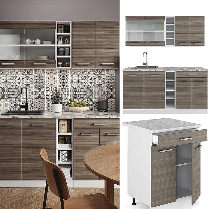 Vicco Singleküche R-Line Edelgrau/Weiß, AP Marmor - Breite: 160 cm, Edelgrau, Mit AP Marmor - Moderne Küche mit braunen Holzmaserungsschränken, weißen Regalen und Marmor-Arbeitsplatten. Enthält Ober-/Unterschränke und eine passende Insel.