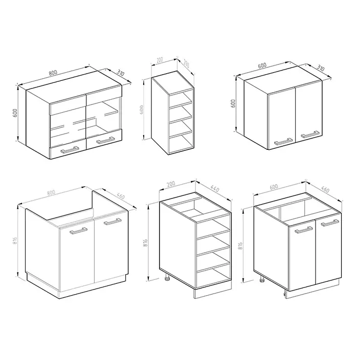 Vicco Singleküche R-Line Anthrazit Hochglanz/Weiß, AP Eiche - Breite: 160 cm, Anthrazit Hochglanz, Mit AP Eiche - Strichzeichnungen verschiedener modularer Küchenschrankelemente, einschließlich Ober- und Unterschränken mit Maßen.
