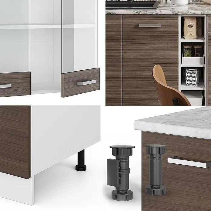 Vicco Singleküche R-Line Edelgrau/Weiß, AP Marmor - Breite: 160 cm, Edelgrau, Mit AP Marmor - Modulare Küchenschrankkomponenten: Holzdekorplatten, Glastüren mit silbernen Griffen und verstellbare graue/schwarze Füße.