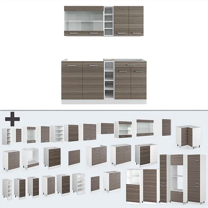 Vicco Singleküche R-Line Edelgrau/Weiß, AP Marmor - Breite: 160 cm, Edelgrau, Mit AP Marmor - Modulare Küchenschränke in brauner Holzoptik und Weiß, inklusive Wand-, Unter- und Hochschränken.