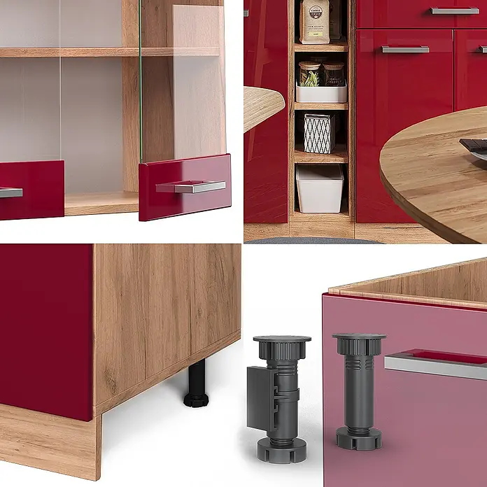 Vicco Singleküche R-Line Rot Hochglanz/Goldkraft Eiche ohne Arbeitsplatte - Rot Hochglanz, Ohne AP - Rote Hochglanz-Küchenfronten mit Holzschränken, Glastüren, Metallgriffen und verstellbaren Möbelfüßen.