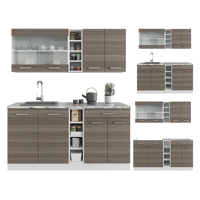 Vicco Singleküche R-Line Edelgrau/Weiß, AP Marmor - Breite: 160 cm, Edelgrau, Mit AP Marmor - Modernes Küchenschrankset in Grau-Holzmaserung mit weißer Marmor-Arbeitsplatte, Glastüren und offenen Regalen, inklusive Spüle.