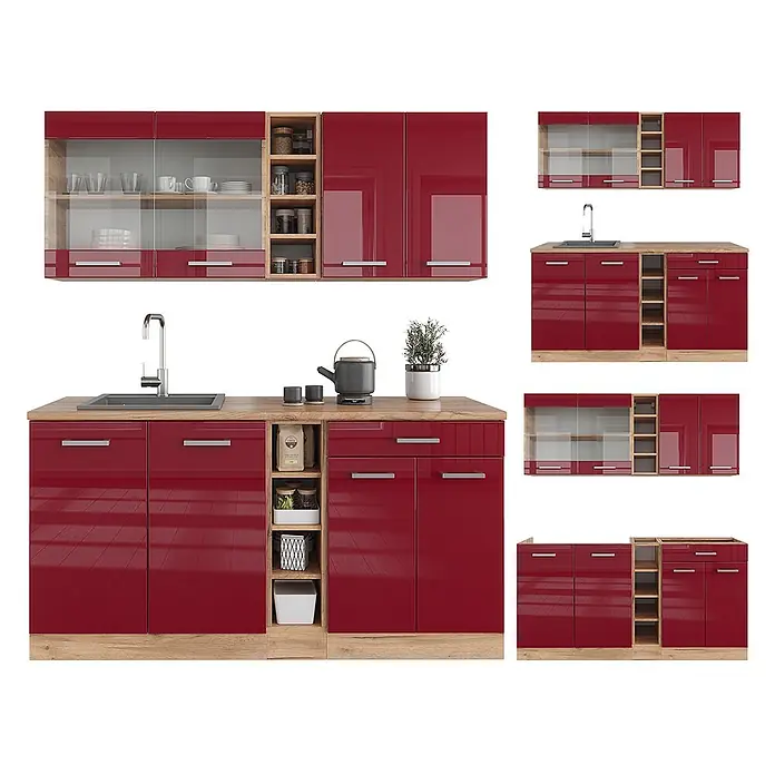 Vicco Singleküche R-Line Rot Hochglanz/Goldkraft Eiche ohne Arbeitsplatte - Rot Hochglanz, Ohne AP - Hochglanzrote Küchenschränke mit hellen Holzplatten und offenen Regalen für eine moderne Küche.