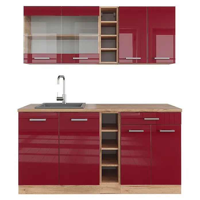 Vicco Singleküche R-Line Rot Hochglanz/Goldkraft Eiche ohne Arbeitsplatte - Rot Hochglanz, Ohne AP - Hochglanzrote Küchenzeile mit Holzoptik-Elementen, Spüle, Ober- und Unterschränken. Einige Hängeschränke mit Glasfront.