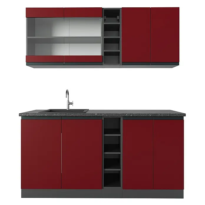 Vicco Singleküche R-Line, Rot/Anthrazit, 160 cm -  - Moderne rote und graue Küchenzeile mit gesprenkelter Arbeitsplatte, Spüle, offenen Regalen und oberen Türen aus Milchglas.
