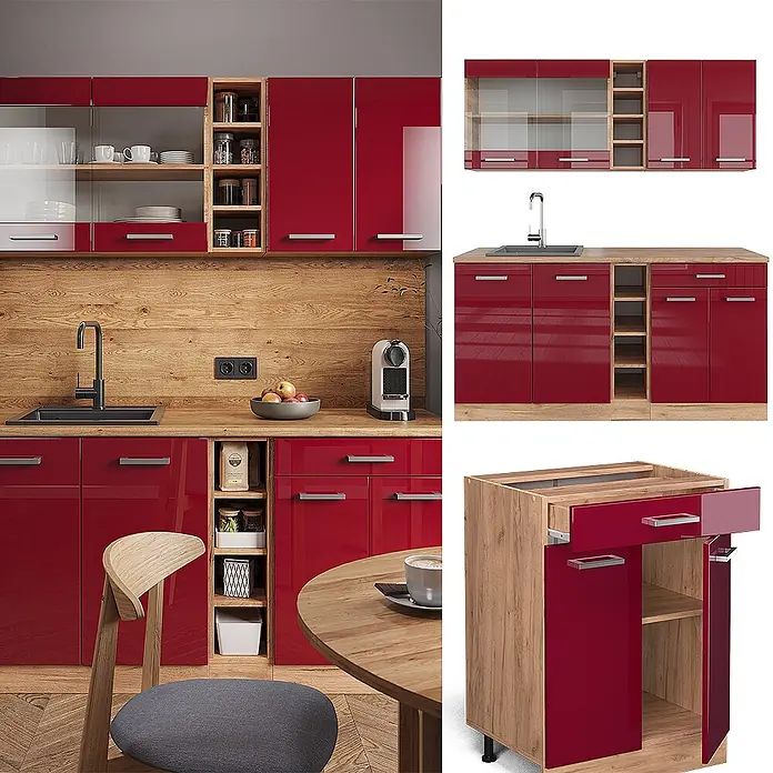 Vicco Singleküche R-Line Rot Hochglanz/Goldkraft Eiche ohne Arbeitsplatte - Rot Hochglanz, Ohne AP - Moderne Modulküche mit glänzenden roten Fronten, Akzenten aus Naturholz und silbernen Griffen, mit verschiedenen Stauraumoptionen.
