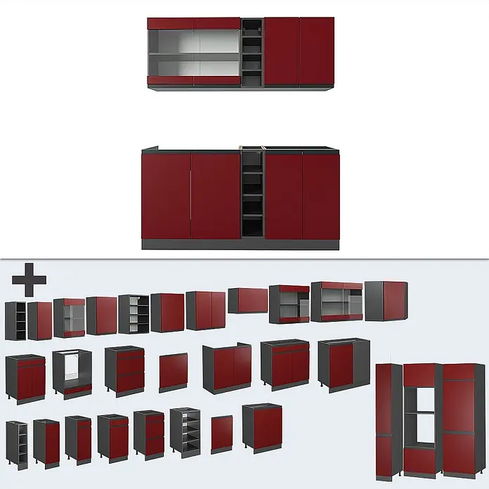 Vicco Singleküche R-Line, Rot/Anthrazit, 160 cm -  - Modulare Küchenschränke und Komponenten in Rot und Dunkelgrau, als Einheit und Einzelteile dargestellt.