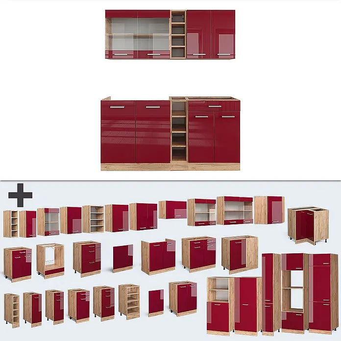 Vicco Singleküche R-Line Rot Hochglanz/Goldkraft Eiche ohne Arbeitsplatte - Rot Hochglanz, Ohne AP - Rote glänzende modulare Küchenschränke mit hellen Holzakzenten, mit verschiedenen Ober-, Unter- und Hochschränken.