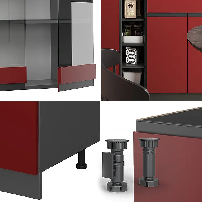 Vicco Singleküche R-Line, Rot/Anthrazit, 160 cm -  - Modulares Küchenschranksystem mit dunkelgrauen Rahmen und roten Fronten, klaren Glastüren, integrierten Regalen und verstellbaren Sockelfüßen.