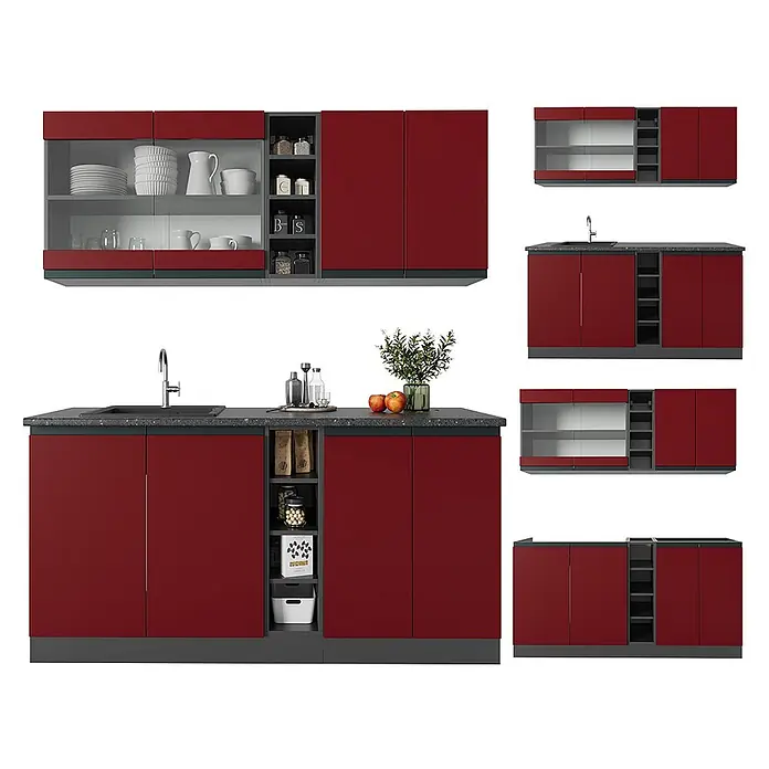 Vicco Singleküche R-Line, Rot/Anthrazit, 160 cm -  - Moderne burgunderrote und dunkelgraue Küchenschränke mit verschiedenen Stauoptionen, inkl. Glastüren und offenen Regalen.