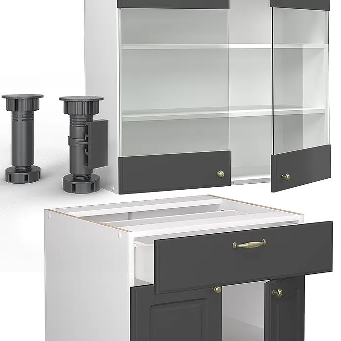 Vicco Singleküche Fame-Line Anthrazit-Gold/Weiß, AP Anthrazit - Breite: 140 cm, Anthrazit-Gold, Mit AP Anthrazit - Weiße und dunkelgraue Küchenschrankkomponenten: zwei verstellbare Beine, ein Oberschrank mit Glastüren und ein Unterschrank mit Schublade und Türen.