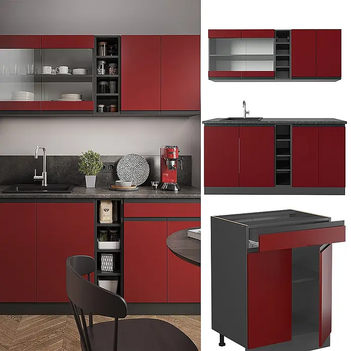 Vicco Singleküche R-Line, Rot/Anthrazit, 160 cm -  - Modulküche mit roten Schrankfronten und dunkelgrauen Rahmen, mit offenen Regalen, Glastüren und Spülbecken.