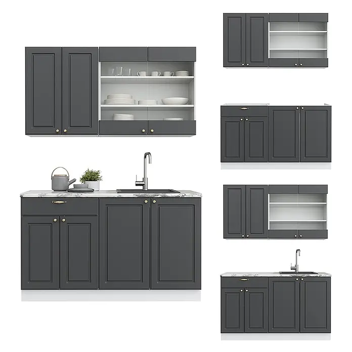 Vicco Singleküche Fame-Line Anthrazit-Gold/Weiß, AP Anthrazit - Breite: 140 cm, Anthrazit-Gold, Mit AP Anthrazit - Modulare dunkelgraue Küchenschränke mit goldenen Griffen, Arbeitsplatte in Marmoroptik, Spüle und Vitrinen mit Geschirr.