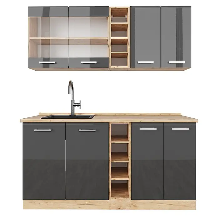 Vicco Singleküche R-Line Anthrazit Hochglanz/Goldkraft Eiche ohne Arbeitsplatte - Anthrazit Hochglanz, Ohne AP - Moderne Küchenschränke mit glänzenden grauen Türen, heller Holztheke und Regalen, sowie einer schwarzen Spüle.