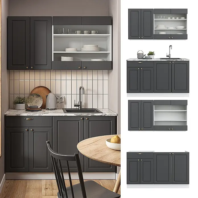 Vicco Singleküche Fame-Line Anthrazit-Gold/Weiß, AP Anthrazit - Breite: 140 cm, Anthrazit-Gold, Mit AP Anthrazit - Dunkelgraue Küchenschrank-Garnitur mit Marmor-Arbeitsplatte und einigen Oberschränken mit Glasfront in moderner Küche.
