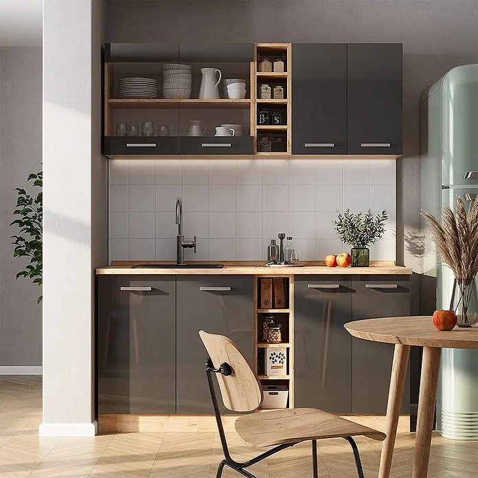 Vicco Singleküche R-Line Anthrazit Hochglanz/Goldkraft Eiche ohne Arbeitsplatte - Anthrazit Hochglanz, Ohne AP - Moderne dunkelgraue Küchenschränke mit Holz-Arbeitsplatte und offenen Regalen, Spüle und Stauraum, in einer zeitgenössischen Küche.