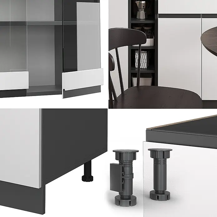 Vicco Singleküche R-Line Weiß/Anthrazit J-Shape, AP Eiche - Breite: 160 cm, Weiß, Mit AP Eiche - Modulares Möbelsystem mit verstellbaren Füßen, Sockelblende und Schiebetürprofilen in Dunkelgrau und Weiß.