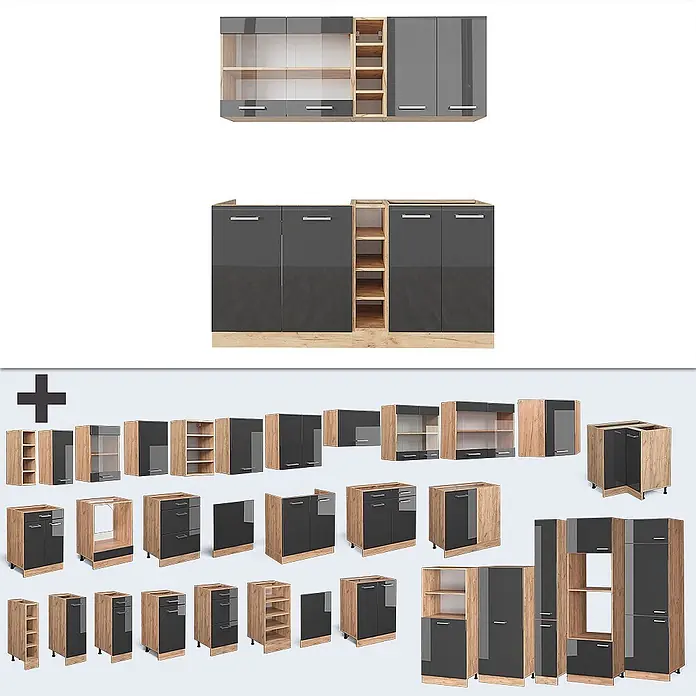 Vicco Singleküche R-Line Anthrazit Hochglanz/Goldkraft Eiche ohne Arbeitsplatte - Anthrazit Hochglanz, Ohne AP - Modulares Küchenschranksystem mit dunkelgrauen Hochglanzfronten und hellen Holzelementen. Zeigt verschiedene Ober-, Unter- und Hochschränke.
