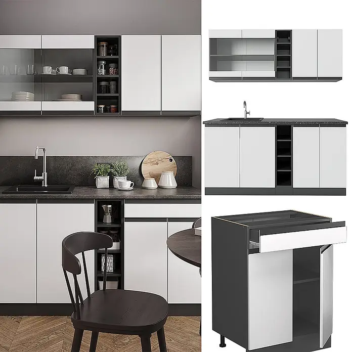 Vicco Singleküche R-Line Weiß/Anthrazit J-Shape, AP Eiche - Breite: 160 cm, Weiß, Mit AP Eiche - Moderne Küchenschränke mit weißen Fronten, dunkelgrauen Rahmen und Arbeitsplatte. Mit offenen Regalen, Glastüren und geschlossenen Schranktüren.