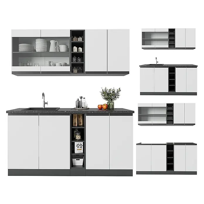 Vicco Singleküche R-Line Weiß/Anthrazit J-Shape, AP Eiche - Breite: 160 cm, Weiß, Mit AP Eiche - Moderne weiße Küchenschränke mit dunkelgrauen Arbeitsplatten und offenen Regalen, inklusive Spüle.