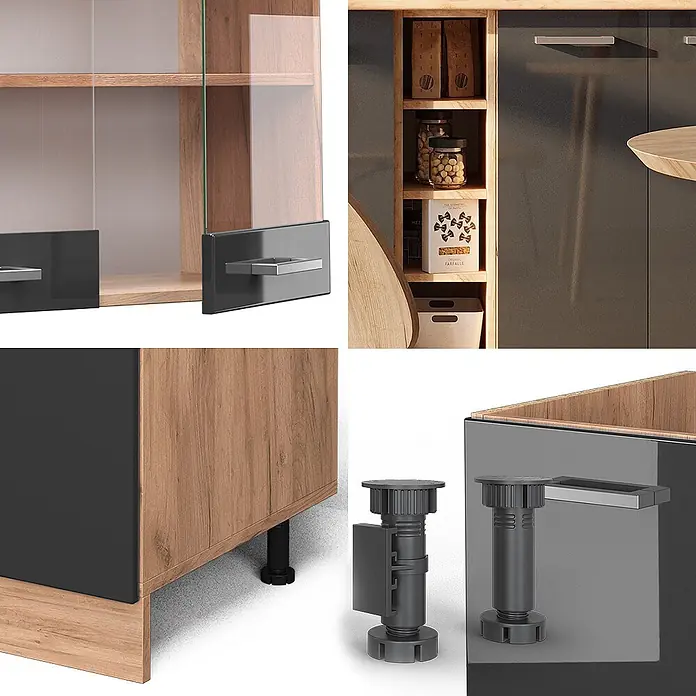 Vicco Singleküche R-Line Anthrazit Hochglanz/Goldkraft Eiche ohne Arbeitsplatte - Anthrazit Hochglanz, Ohne AP - Details modularer Küchenmöbel: Holz- & dunkelgraue Schränke, Glastüren, silberne Griffe und schwarze verstellbare Füße.