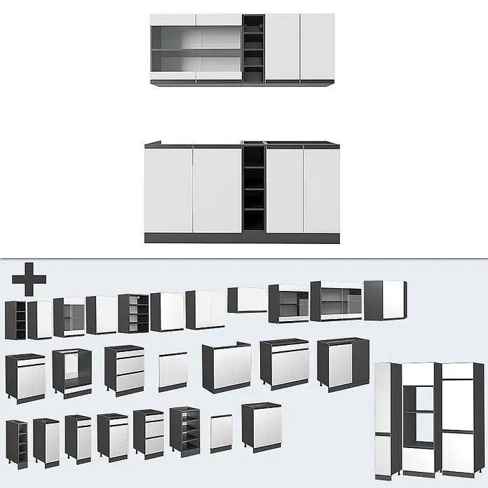 Vicco Singleküche R-Line Weiß/Anthrazit J-Shape, AP Eiche - Breite: 160 cm, Weiß, Mit AP Eiche - Modulares Küchenschranksystem in Weiß und Dunkelgrau, mit Ober-, Unter- und Hochschränken für Stauraum.