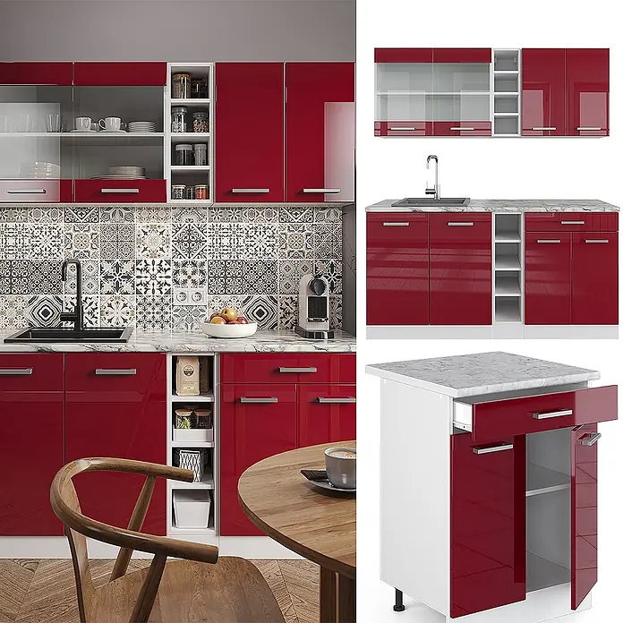 Vicco Singleküche R-Line Rot Hochglanz/Weiß, AP Marmor - Rot Hochglanz, Mit AP Marmor - Moderne hochglanzrote Küche mit weißer Marmor-Arbeitsplatte und offenen Regalen, in häuslicher Umgebung gezeigt.