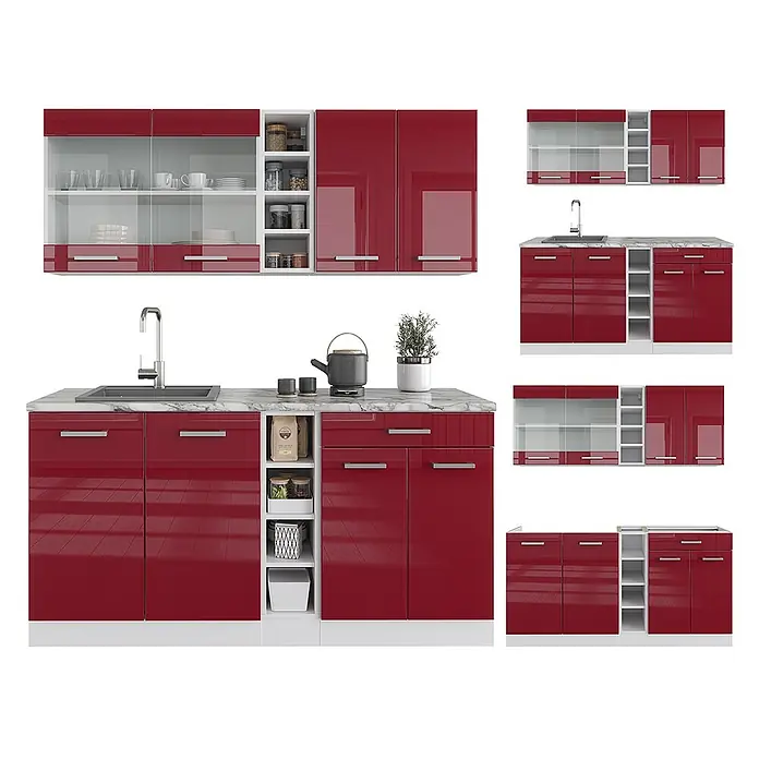 Vicco Singleküche R-Line Rot Hochglanz/Weiß, AP Marmor - Rot Hochglanz, Mit AP Marmor - Modulares Küchenschrank-Set in Hochglanzrot mit weißer Marmorarbeitsplatte, Vitrinen und offenen Regalen.