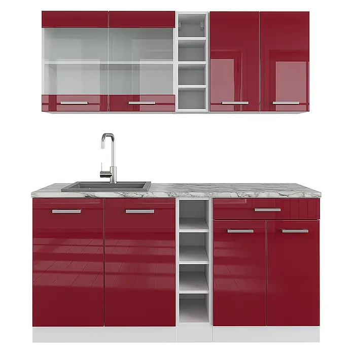 Vicco Singleküche R-Line Rot Hochglanz/Weiß, AP Marmor - Rot Hochglanz, Mit AP Marmor - Rote Hochglanz-Küchenschränke mit weißen Regalen, Marmorarbeitsplatte und integrierter Spüle.