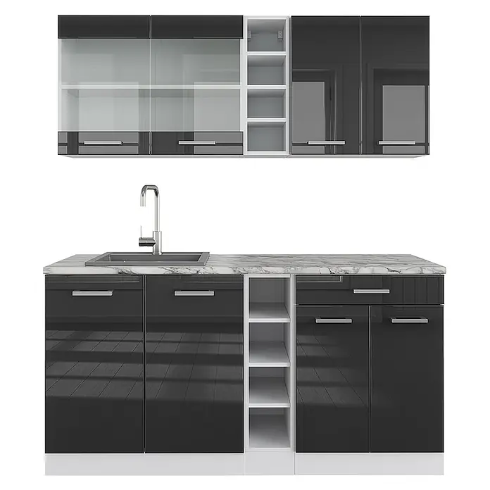 Vicco Singleküche R-Line Anthrazit Hochglanz/Weiß, AP Marmor - Anthrazit Hochglanz, Mit AP Marmor - Moderne Küchenzeile in Schwarz Hochglanz mit weißer Marmorplatte, Spüle und offenen Regalen.