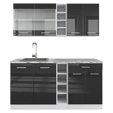 Vicco  Singleküche R-Line Anthrazit Hochglanz/Weiß, AP Marmor