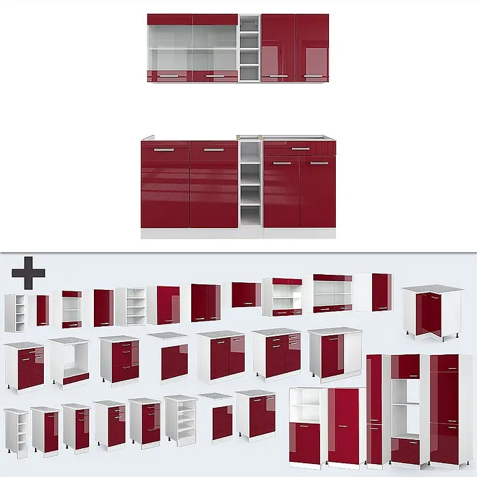 Vicco Singleküche R-Line Rot Hochglanz/Weiß, AP Marmor - Rot Hochglanz, Mit AP Marmor - Modulare rot-weiße Küchenschränke und Einzelelemente.
